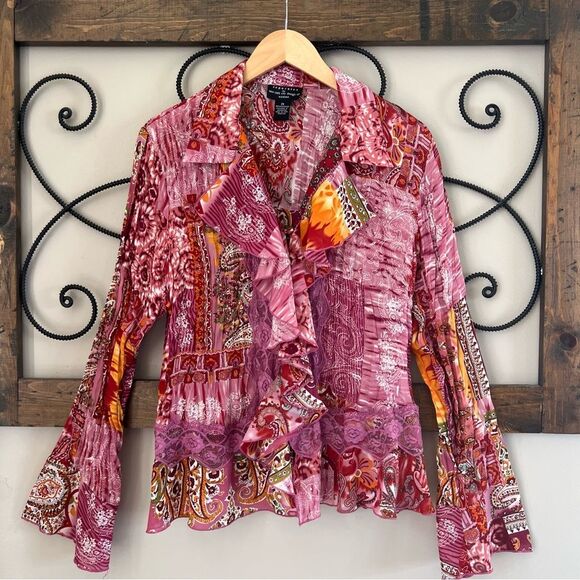 New York City Designs Bell Sleeve Lace Ruffle Colorful Button Y2K Fairy Blouse - Picture 1 of 12